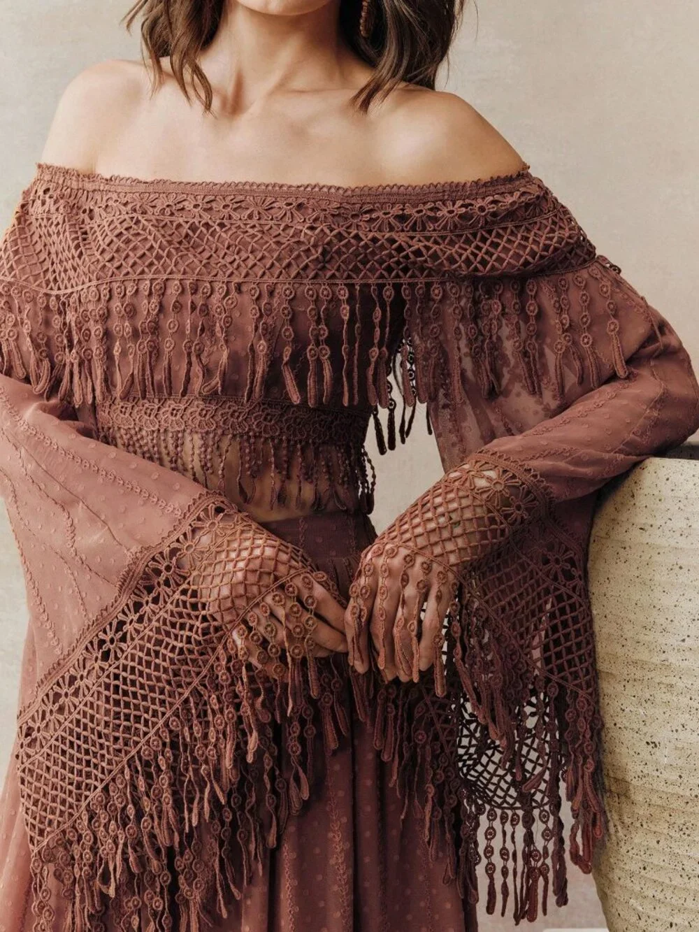 Boho brown Women's Off Shoulder fringe deailed top w/ skirt 2-Piece Set - Picture 2 of 7